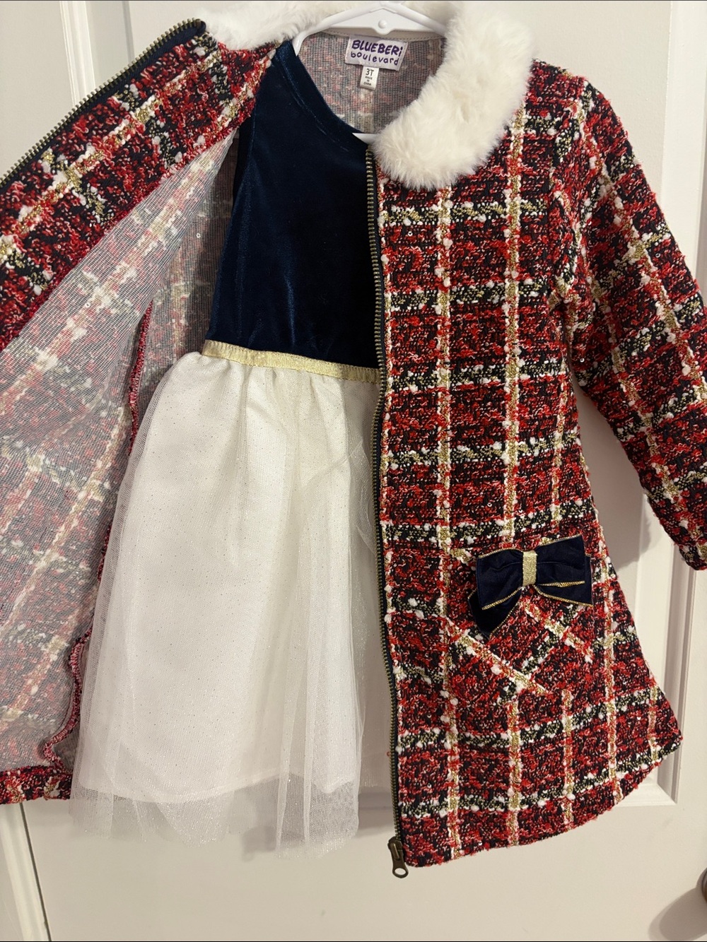 Blueberi Boulevard Red Plaid Coat with Matching Dress - Picture 3 of 11